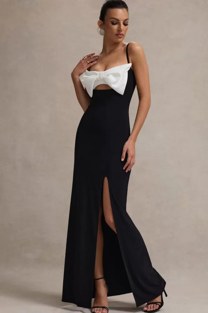 Club L London Emmalou - Abito Longuette Elegante con Spaccatura Laterale, Reggispalle e Dettaglio a Fiocco in Bianco e Nero - Edizione Speciale