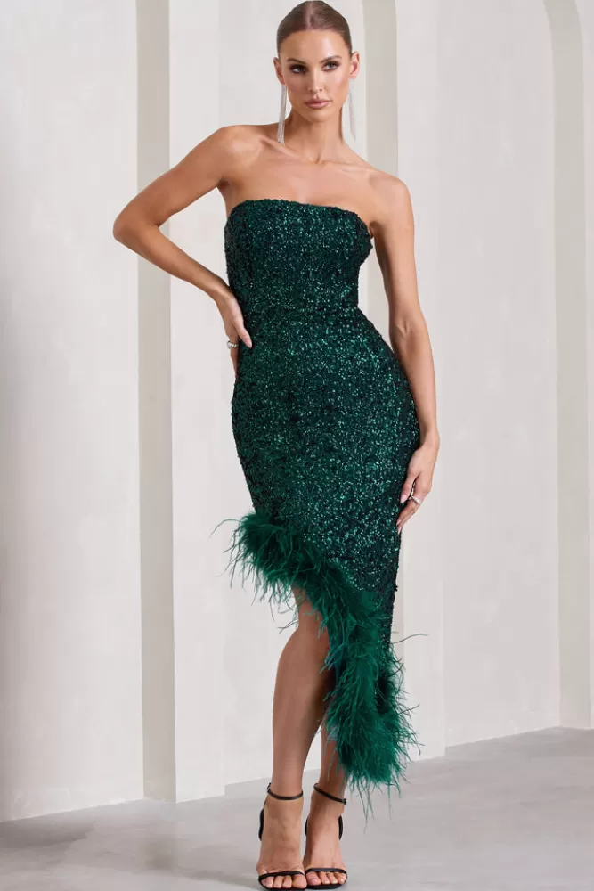 Abito Midi Asimmetrico Verde Smeraldo con Paillettes e Decorazioni in Piume - Promozione Lampo di 24 Ore Stile Club L London 

Scopri l'eleganza serale con questo vestito bandeau dalla scollatura asimmetrica in tonalità verde bottiglia, interamente ricamato con paillettes scintillanti e dettagli in piume pregiate. Offerta speciale solo per oggi - Ispirazione moda British contemporanea.