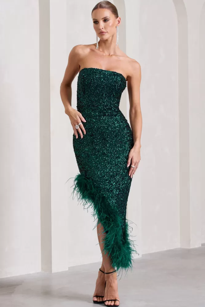 Abito Midi Asimmetrico Verde Smeraldo con Paillettes e Decorazioni in Piume - Promozione Lampo di 24 Ore Stile Club L London 

Scopri l'eleganza serale con questo vestito bandeau dalla scollatura asimmetrica in tonalità verde bottiglia, interamente ricamato con paillettes scintillanti e dettagli in piume pregiate. Offerta speciale solo per oggi - Ispirazione moda British contemporanea.