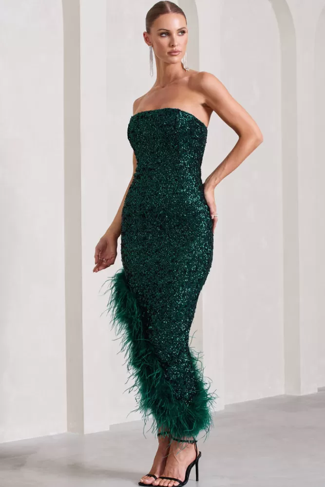 Abito Midi Asimmetrico Verde Smeraldo con Paillettes e Decorazioni in Piume - Promozione Lampo di 24 Ore Stile Club L London 

Scopri l'eleganza serale con questo vestito bandeau dalla scollatura asimmetrica in tonalità verde bottiglia, interamente ricamato con paillettes scintillanti e dettagli in piume pregiate. Offerta speciale solo per oggi - Ispirazione moda British contemporanea.