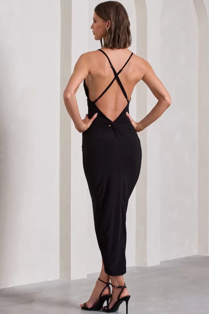 Elegante abito lungo con lacci e scollatura a V - Vestito avvolgente nero da sera | Club L London Enamour - Prezzo vantaggioso