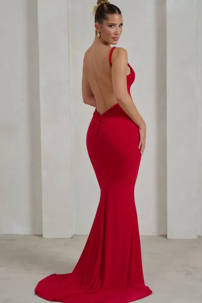 Club L London Amore Senza Fine - Abito Sirena con Nodo Decorativo sulla Schiena in Tessuto Fluido, Rosso Vivace