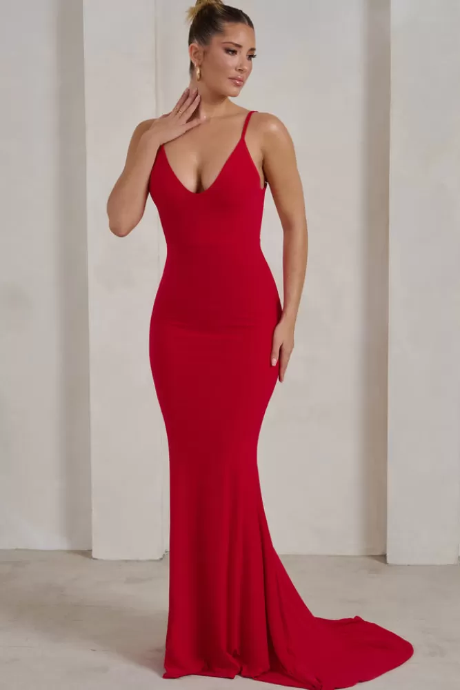 Club L London Amore Senza Fine - Abito Sirena con Nodo Decorativo sulla Schiena in Tessuto Fluido, Rosso Vivace