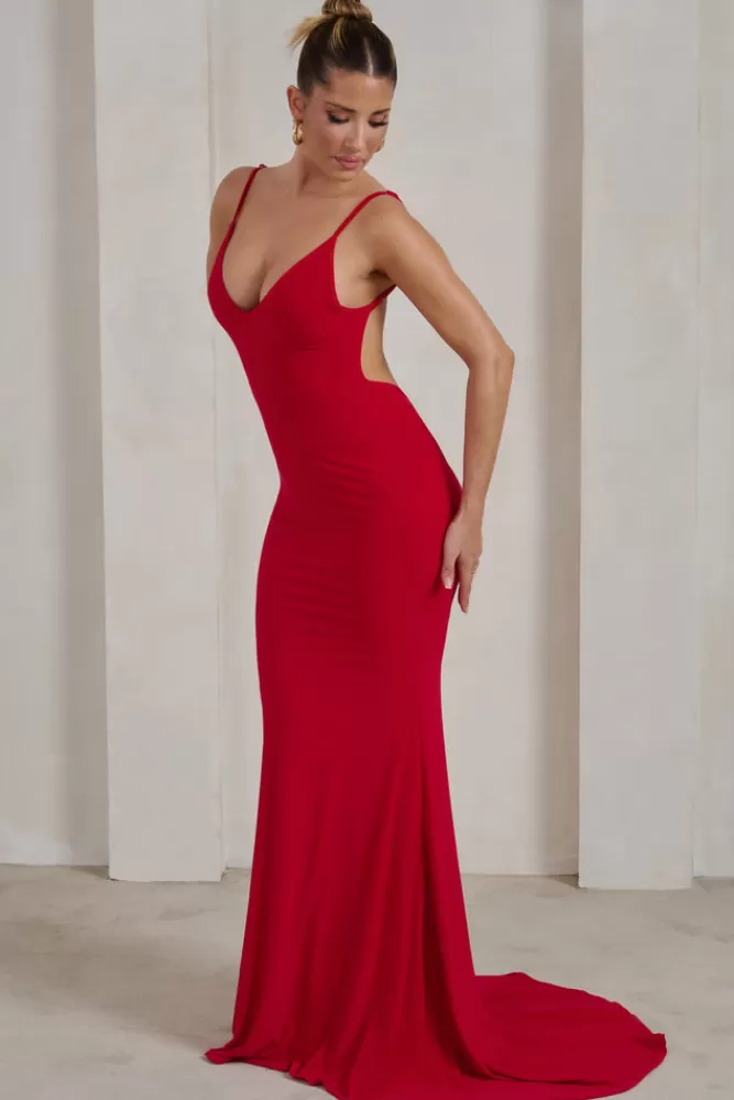Club L London Amore Senza Fine - Abito Sirena con Nodo Decorativo sulla Schiena in Tessuto Fluido, Rosso Vivace