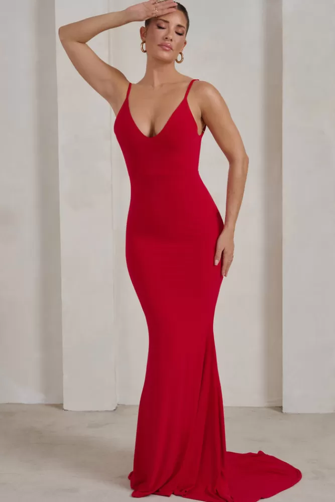 Club L London Amore Senza Fine - Abito Sirena con Nodo Decorativo sulla Schiena in Tessuto Fluido, Rosso Vivace