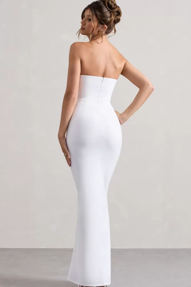 Abito Longuette Club L London - Scollo a V Senza Spalline con Ricami Floreali in Bianco Puro