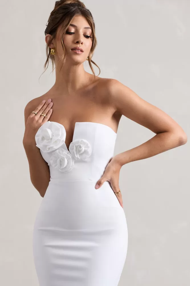 Abito Longuette Club L London - Scollo a V Senza Spalline con Ricami Floreali in Bianco Puro