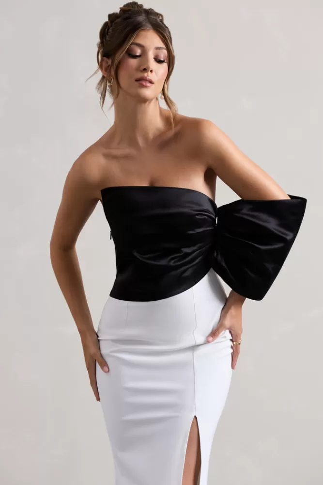 Club L London Envision - Abito Longuissimo Bianco e Nero con Manica Singola, Disegno Asimmetrico e Spacco Laterale | Stile Avvolgente a Contrasto 

（，