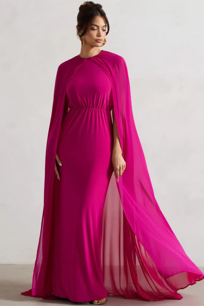 Elegante Abito Lungo Rosa Accesso con Scollo Alto e Cape in Chiffon - Club L London Envy | Vestito Estivo Sensuale a Prezzo Imbattibile