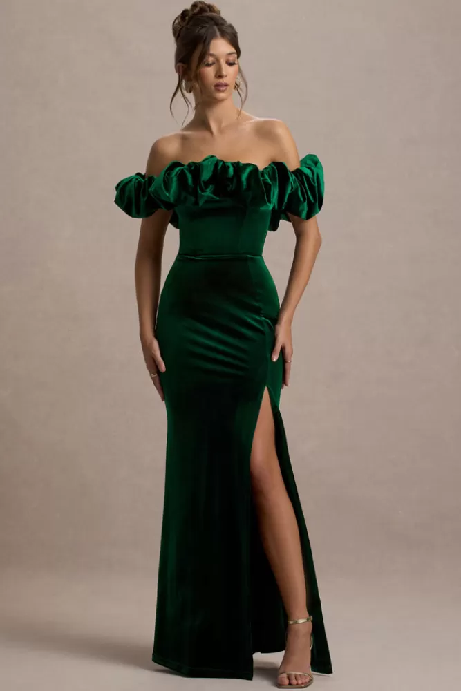 Club L London - Vestito Lungo Esmeralda in Velluto Verde Bottiglia con Scollo a Barchetta e Balze Strutturate - Promo Imperdibile!