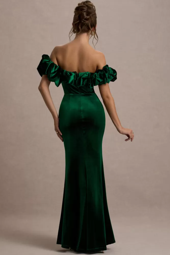 Club L London - Vestito Lungo Esmeralda in Velluto Verde Bottiglia con Scollo a Barchetta e Balze Strutturate - Promo Imperdibile!