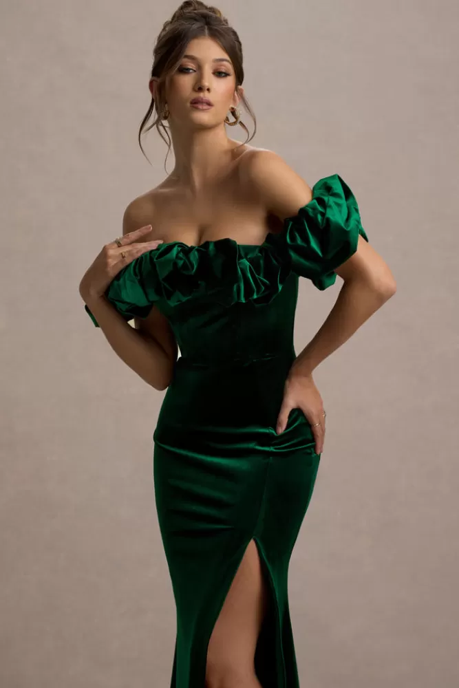 Club L London - Vestito Lungo Esmeralda in Velluto Verde Bottiglia con Scollo a Barchetta e Balze Strutturate - Promo Imperdibile!