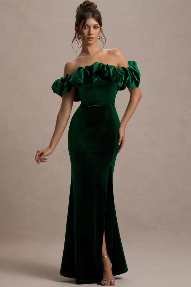 Club L London - Vestito Lungo Esmeralda in Velluto Verde Bottiglia con Scollo a Barchetta e Balze Strutturate - Promo Imperdibile!