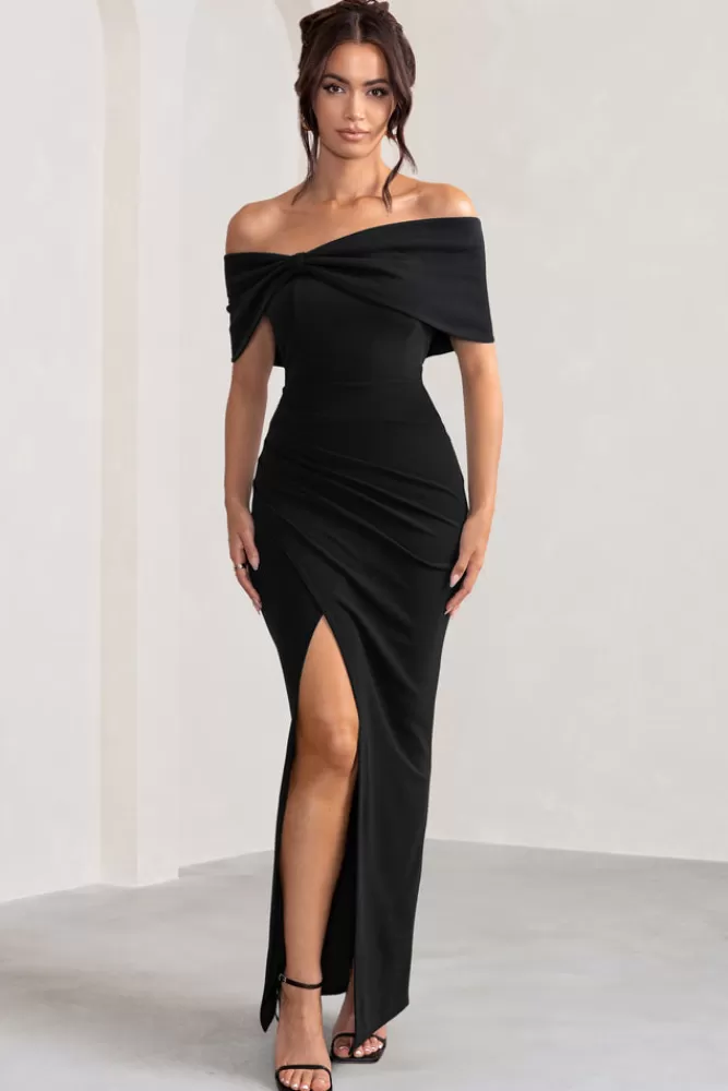 Club L London - Abito Eva in stile Bardot con fiocco e spacco laterale - Nero - Prezzo conveniente