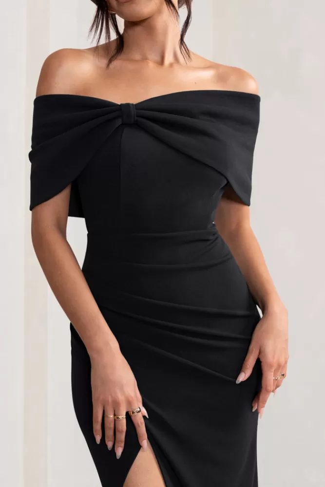 Club L London - Abito Eva in stile Bardot con fiocco e spacco laterale - Nero - Prezzo conveniente