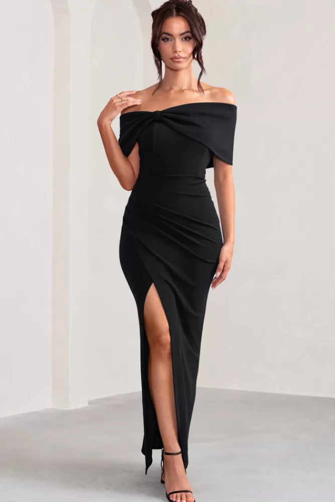 Club L London - Abito Eva in stile Bardot con fiocco e spacco laterale - Nero - Prezzo conveniente