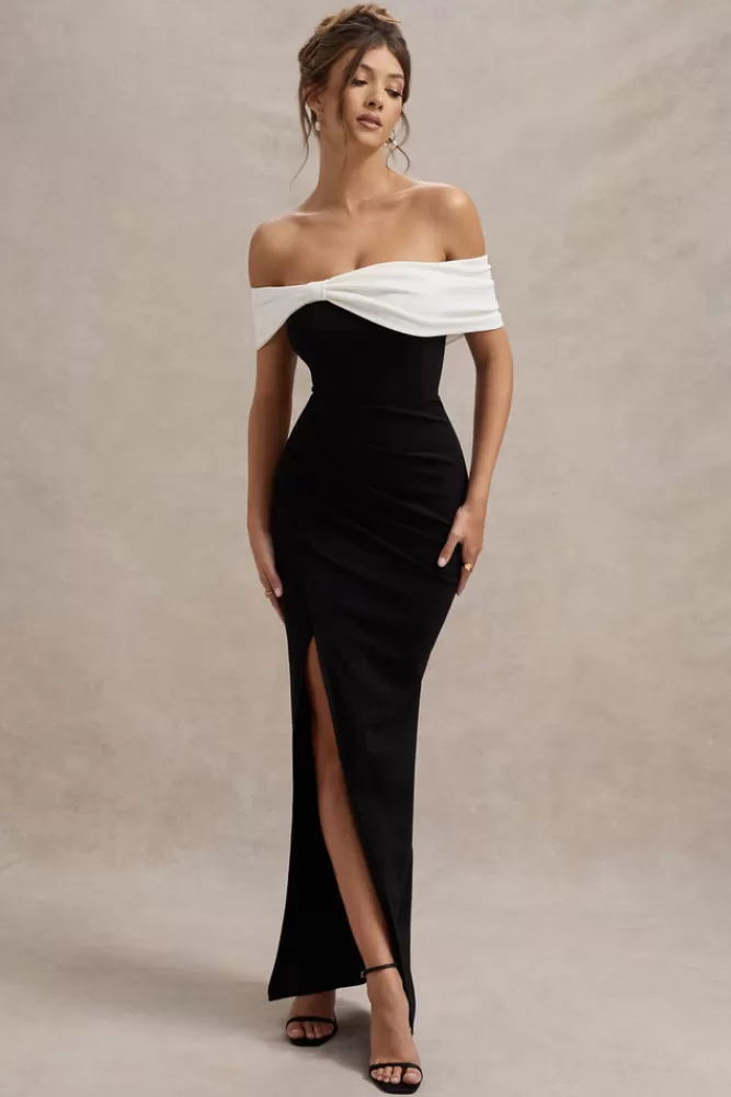 Elegante Abito Longu Nero e Bianco con Fiocco Spalle Scollate e Spacco Coscia - Club L London Eva | Vestito da Sera Stile Ricercato con Dettagli Originali