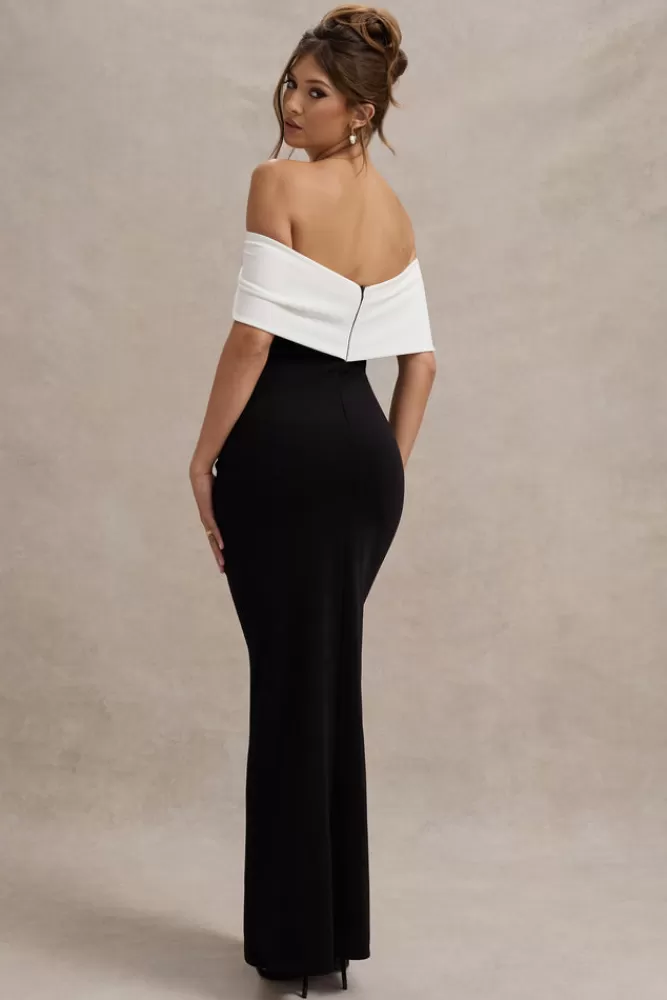 Elegante Abito Longu Nero e Bianco con Fiocco Spalle Scollate e Spacco Coscia - Club L London Eva | Vestito da Sera Stile Ricercato con Dettagli Originali