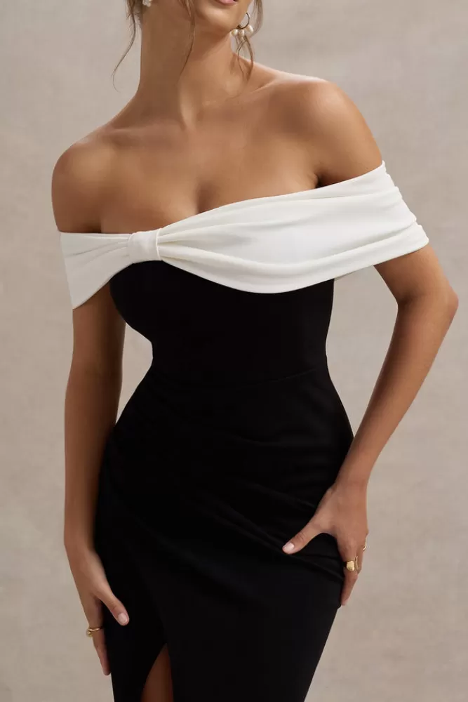 Elegante Abito Longu Nero e Bianco con Fiocco Spalle Scollate e Spacco Coscia - Club L London Eva | Vestito da Sera Stile Ricercato con Dettagli Originali