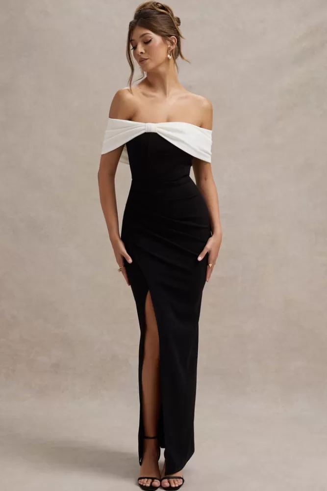 Elegante Abito Longu Nero e Bianco con Fiocco Spalle Scollate e Spacco Coscia - Club L London Eva | Vestito da Sera Stile Ricercato con Dettagli Originali