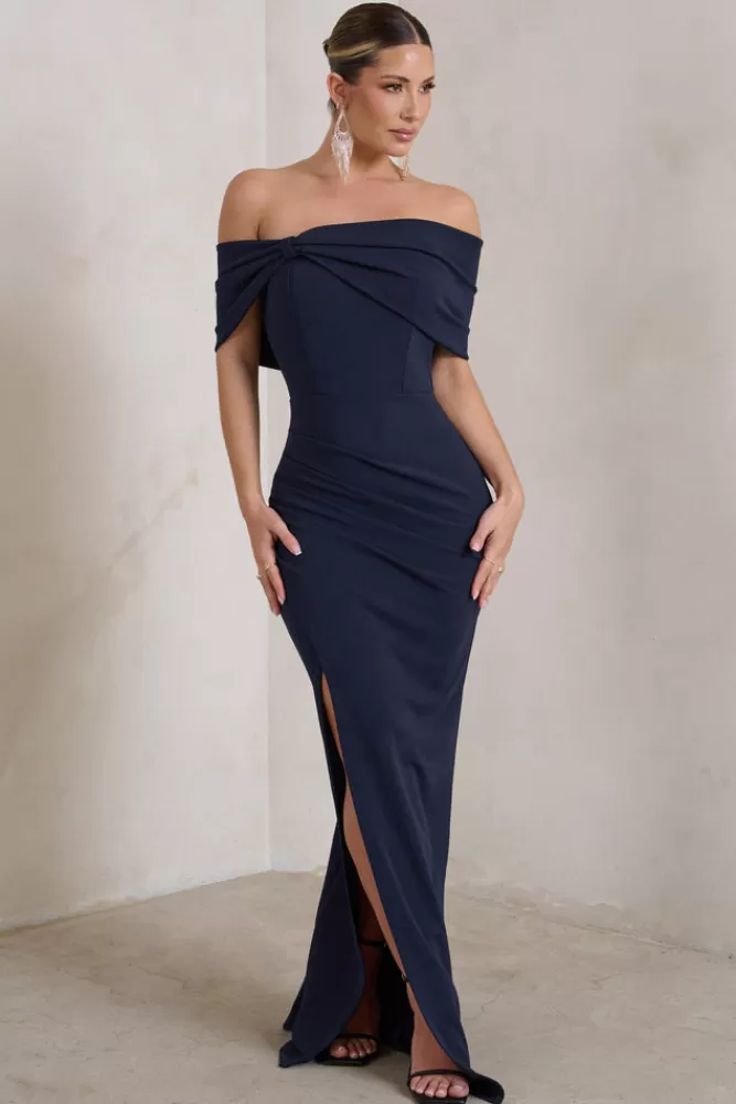 Bardot Eva - Abito Longuetto con Dettaglio a Fiocco e Spacco Coscia in Blu Navy di Club L London
