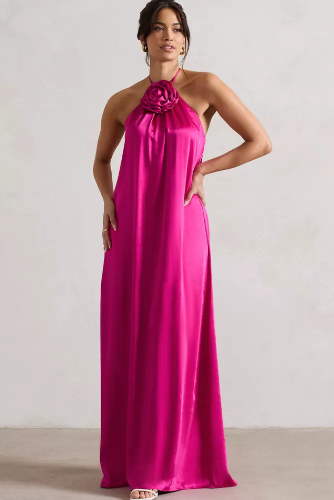 Abito Longuette Club L London Everleigh - Rosa Scuro Satinato con Decorazioni Floreali, Vestibilità Comoda in Edizione Speciale Saldi