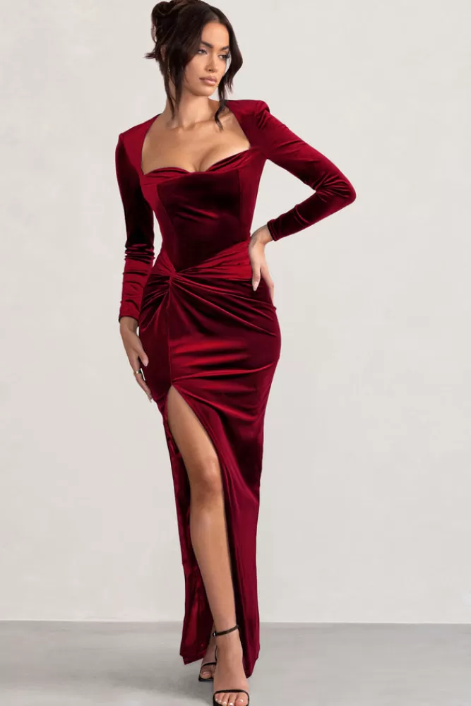 Club L London Fay | Abito Elegante in Velluto con Nodo - Corsetto Stilizzato Lungo in Tonalità Mora | Promozione Esclusiva