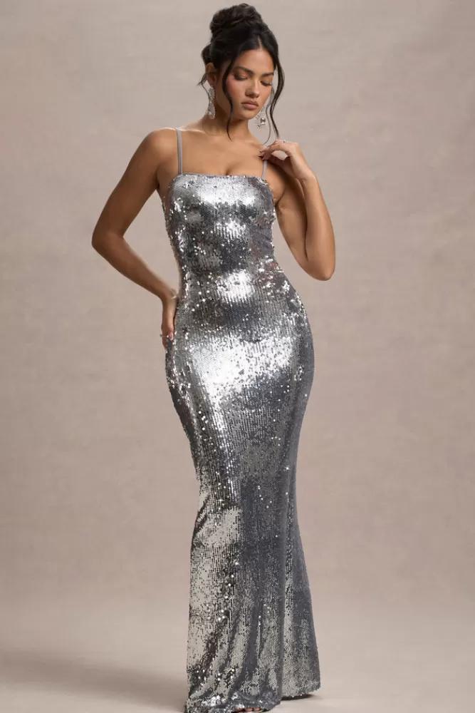 Luxury Club L London Edizione Retro | Abito Lungo Elegante in Tinta Lunare con Ricami Orodati - Spaghetti Stile Vintage, Offerta Esclusiva Outlet 

（：、（