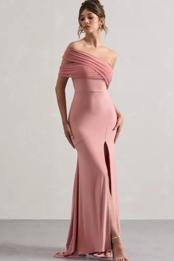 BlushPINK by Club L London - Abito Maxi Asimmetrico con Scollatura Bardot e Spacco Laterale | Tonalità Polvere Rosata, Design Avvolgente per Look Romantico