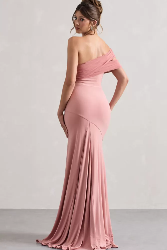 BlushPINK by Club L London - Abito Maxi Asimmetrico con Scollatura Bardot e Spacco Laterale | Tonalità Polvere Rosata, Design Avvolgente per Look Romantico