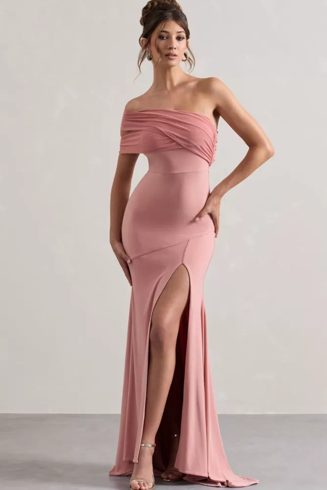 BlushPINK by Club L London - Abito Maxi Asimmetrico con Scollatura Bardot e Spacco Laterale | Tonalità Polvere Rosata, Design Avvolgente per Look Romantico