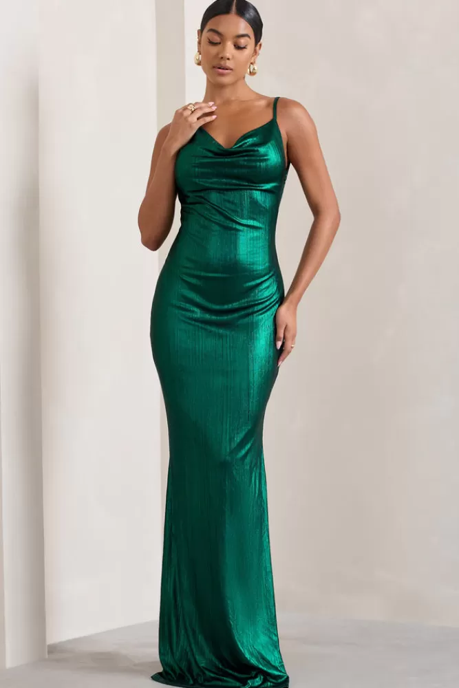 Abito lungo in verde bottiglia con scollo drappeggiato e taglio bias - Luccichio Galattico di Club L London | Vestito estivo fluido per occasioni speciali 

（：，，SEO。（