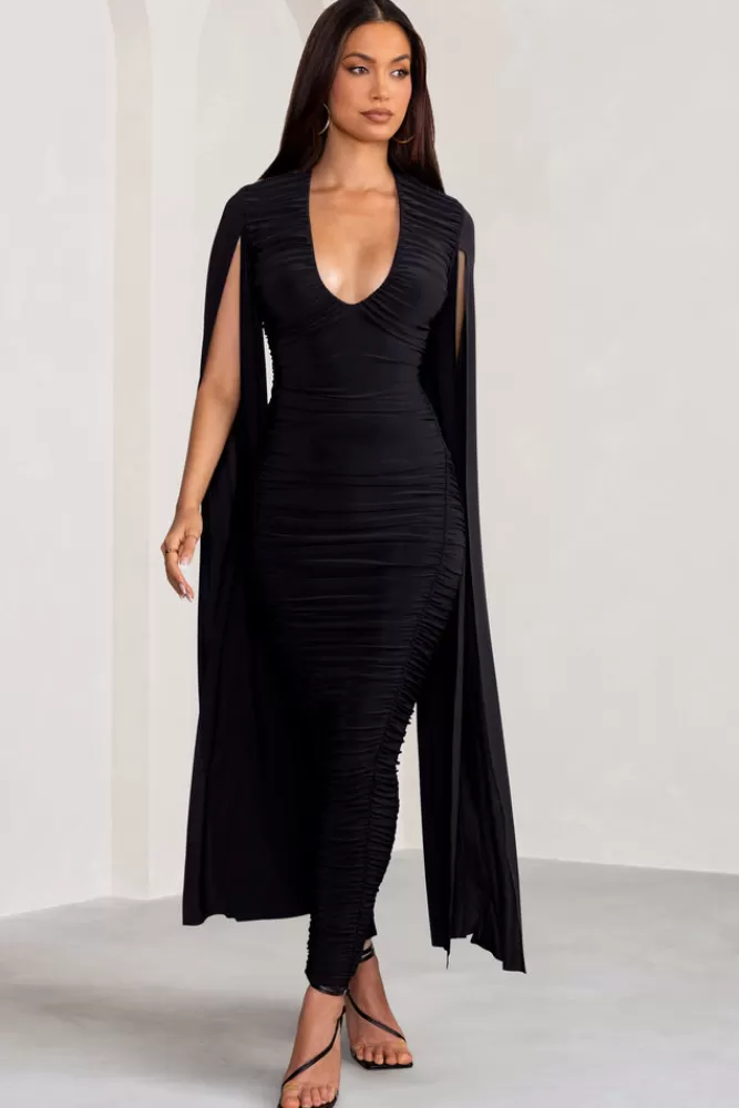 Elegante Abito Lungo Georgiana con Drappeggio e Maniche a Cappuccio - Nero Sfavillante | Abiti da Sera Club L London | Occasione Imperdibile

(：，