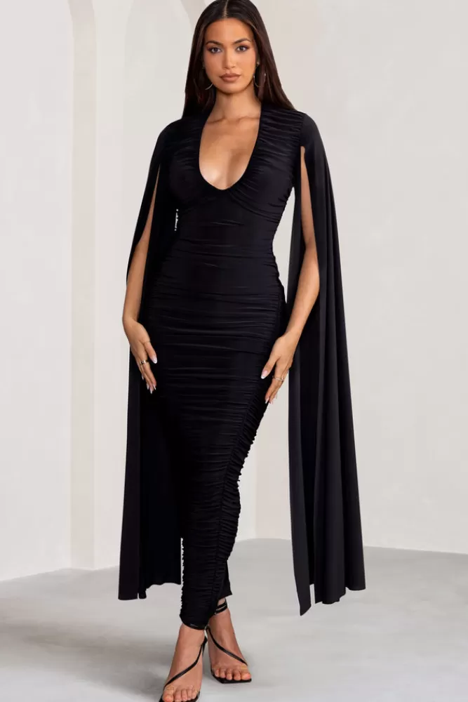 Elegante Abito Lungo Georgiana con Drappeggio e Maniche a Cappuccio - Nero Sfavillante | Abiti da Sera Club L London | Occasione Imperdibile

(：，