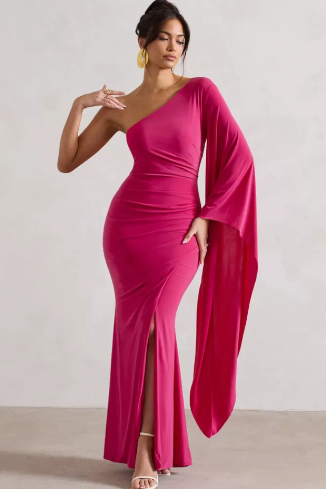 Abito Lungo Monospalla con Drappeggio Elegante e Manica a Mantella Plissettato in Rosa Borgogna | Collezione Boudoir Red by Club L London – Novità Stagionale