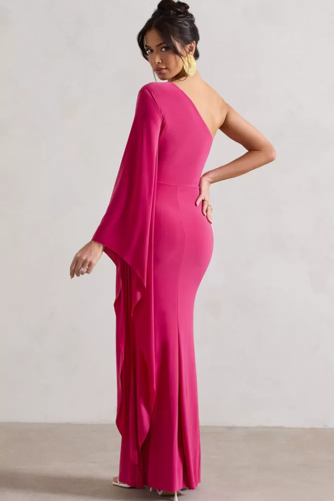 Abito Lungo Monospalla con Drappeggio Elegante e Manica a Mantella Plissettato in Rosa Borgogna | Collezione Boudoir Red by Club L London – Novità Stagionale