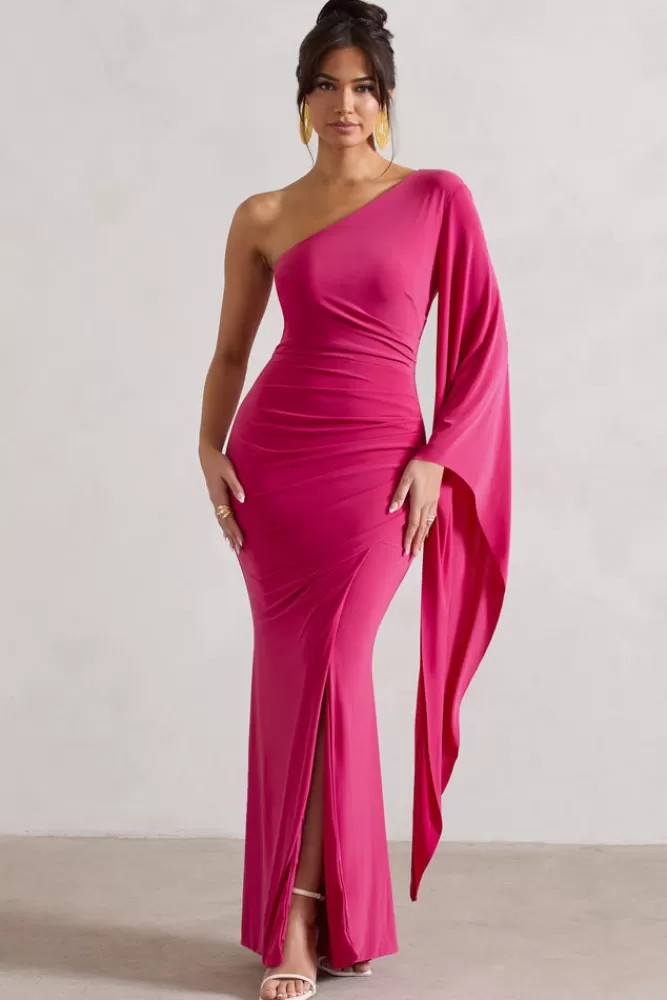 Abito Lungo Monospalla con Drappeggio Elegante e Manica a Mantella Plissettato in Rosa Borgogna | Collezione Boudoir Red by Club L London – Novità Stagionale