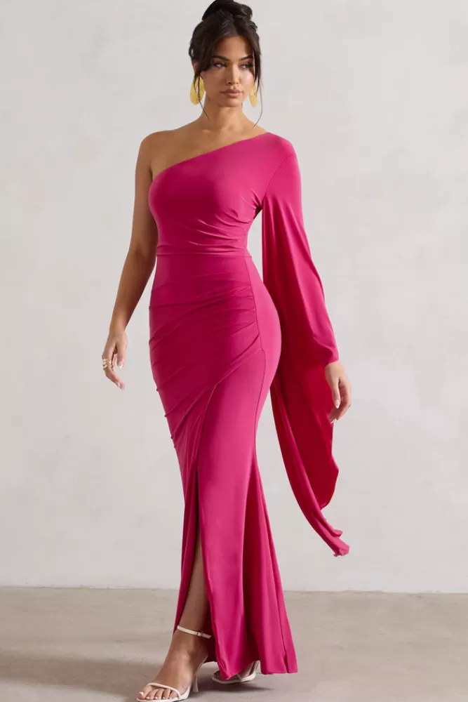 Abito Lungo Monospalla con Drappeggio Elegante e Manica a Mantella Plissettato in Rosa Borgogna | Collezione Boudoir Red by Club L London – Novità Stagionale