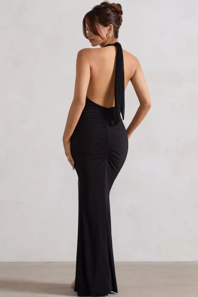 Club L London Glamour  |   Backless V Plunge Halter Neck Maxi Dress With Side Split Black Shop