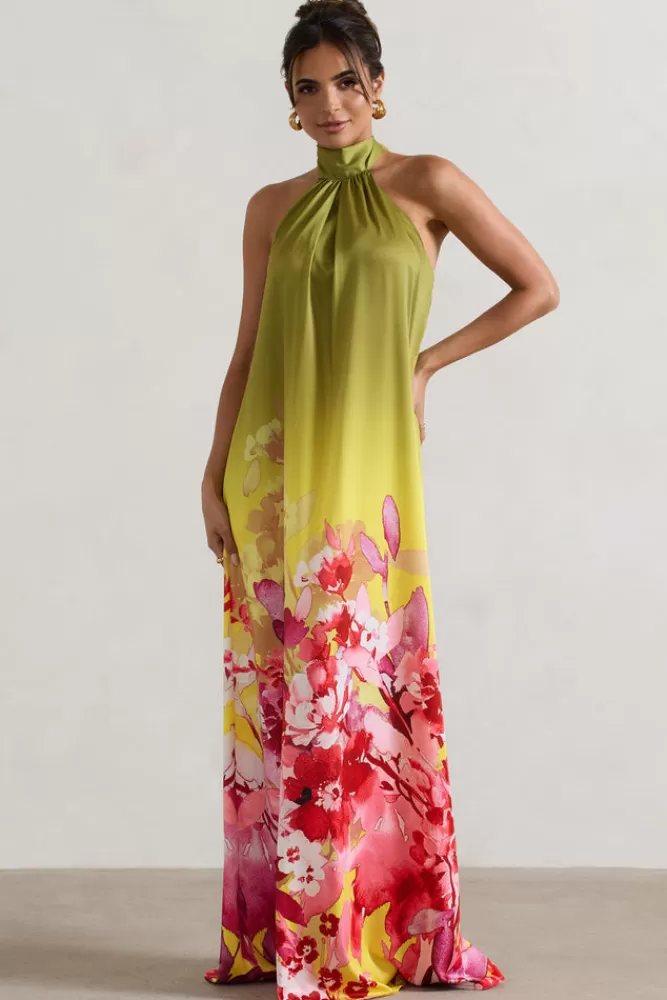 Gloriana di Club L London - Vestito Lungo Satinato con Stampa Floreale in Rosa e Verde, Collo Alto ed Eleganti Dettagli - Edizione Speciale Primavera