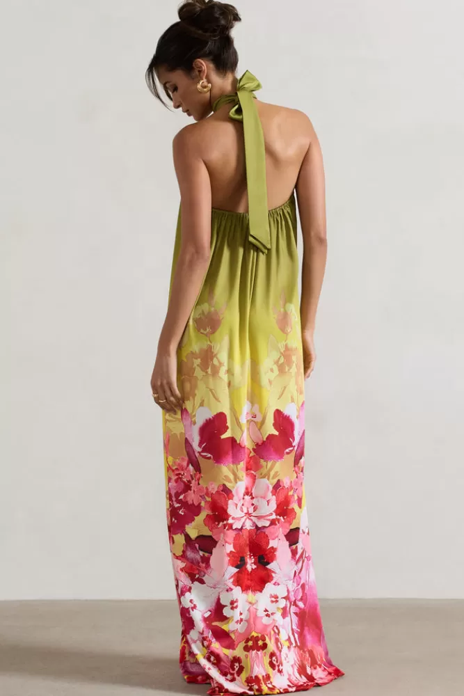 Gloriana di Club L London - Vestito Lungo Satinato con Stampa Floreale in Rosa e Verde, Collo Alto ed Eleganti Dettagli - Edizione Speciale Primavera