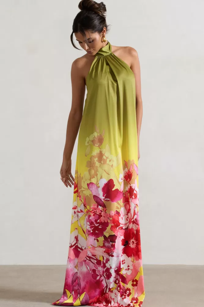Gloriana di Club L London - Vestito Lungo Satinato con Stampa Floreale in Rosa e Verde, Collo Alto ed Eleganti Dettagli - Edizione Speciale Primavera