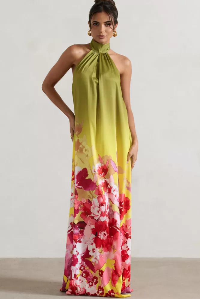Gloriana di Club L London - Vestito Lungo Satinato con Stampa Floreale in Rosa e Verde, Collo Alto ed Eleganti Dettagli - Edizione Speciale Primavera