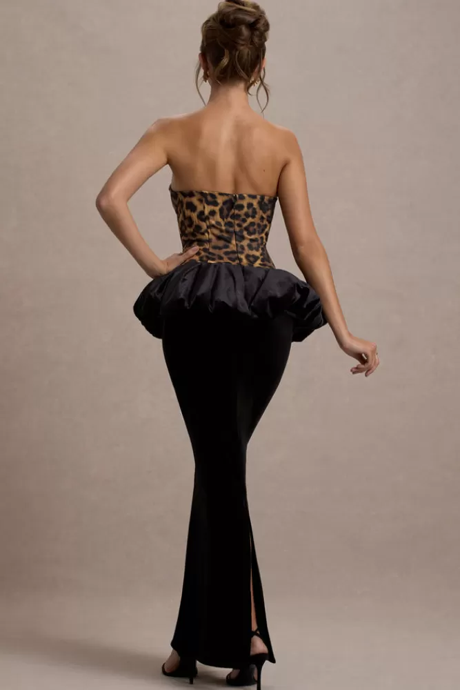Club L London - Vestito Harriette: Abito Bandeau Lungo in Stampa Leopardo con Gonna a Balze in Velluto Nero - Stilistica Audace a Prezzo Vantaggioso