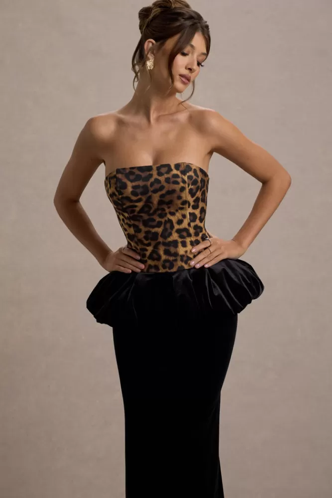 Club L London - Vestito Harriette: Abito Bandeau Lungo in Stampa Leopardo con Gonna a Balze in Velluto Nero - Stilistica Audace a Prezzo Vantaggioso