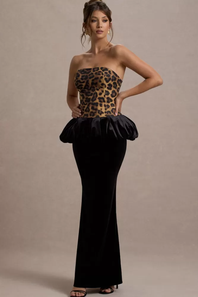 Club L London - Vestito Harriette: Abito Bandeau Lungo in Stampa Leopardo con Gonna a Balze in Velluto Nero - Stilistica Audace a Prezzo Vantaggioso