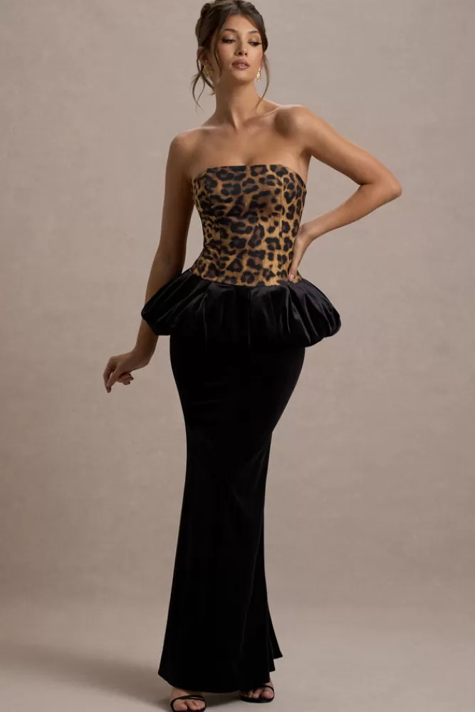 Club L London - Vestito Harriette: Abito Bandeau Lungo in Stampa Leopardo con Gonna a Balze in Velluto Nero - Stilistica Audace a Prezzo Vantaggioso
