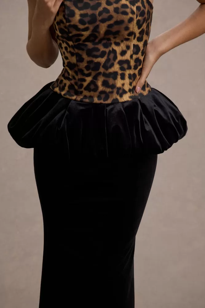 Club L London - Vestito Harriette: Abito Bandeau Lungo in Stampa Leopardo con Gonna a Balze in Velluto Nero - Stilistica Audace a Prezzo Vantaggioso