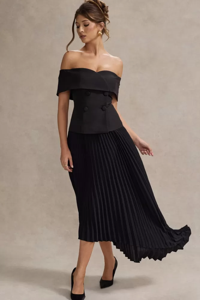 Abito Longuissimo Hattie di Club L London - Scollo Barcollato con Gonna Plissettata, Nero Elegante in Offerta Limitata
