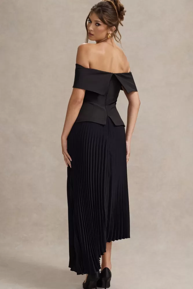 Abito Longuissimo Hattie di Club L London - Scollo Barcollato con Gonna Plissettata, Nero Elegante in Offerta Limitata